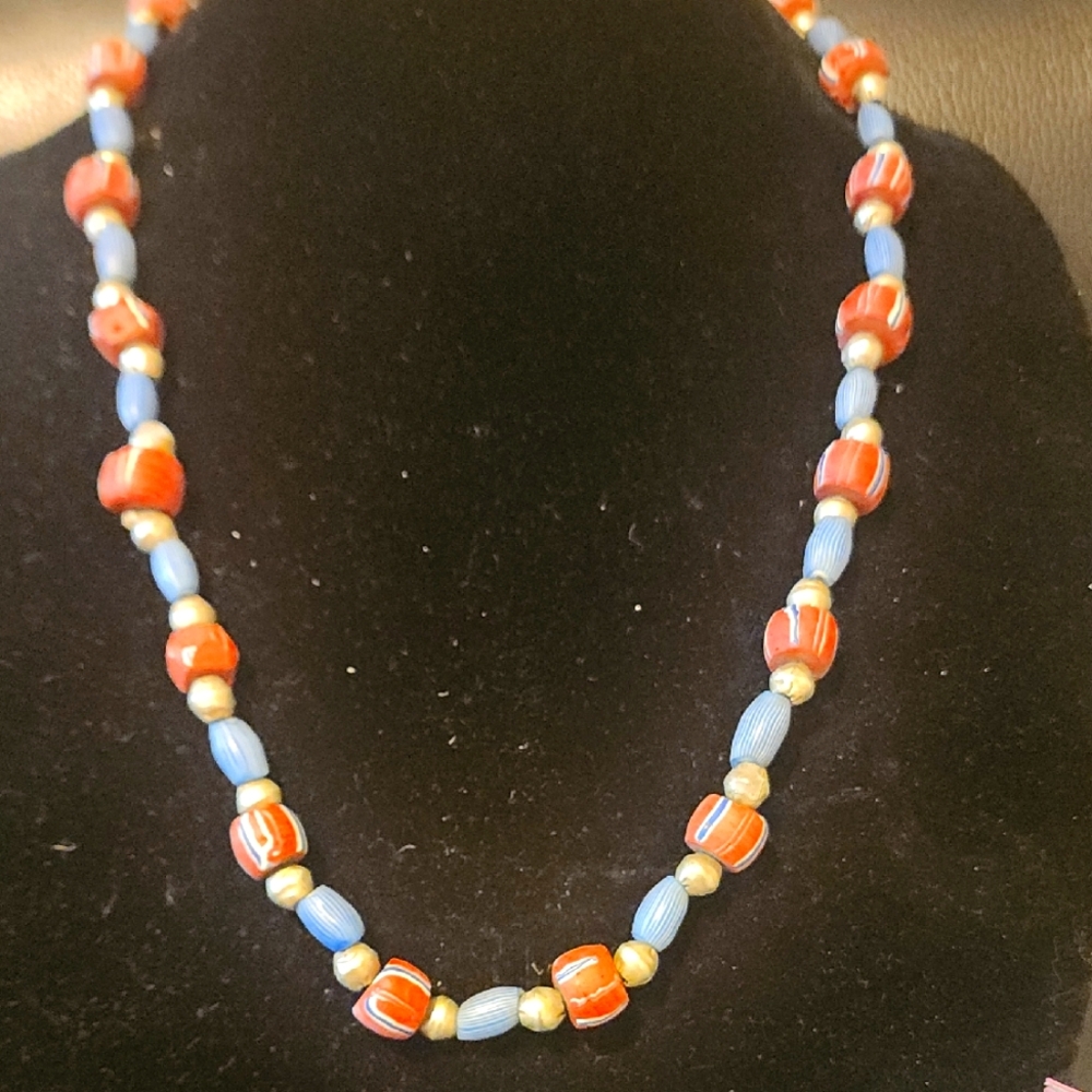 Elegant Red and Blue Beaded Necklace